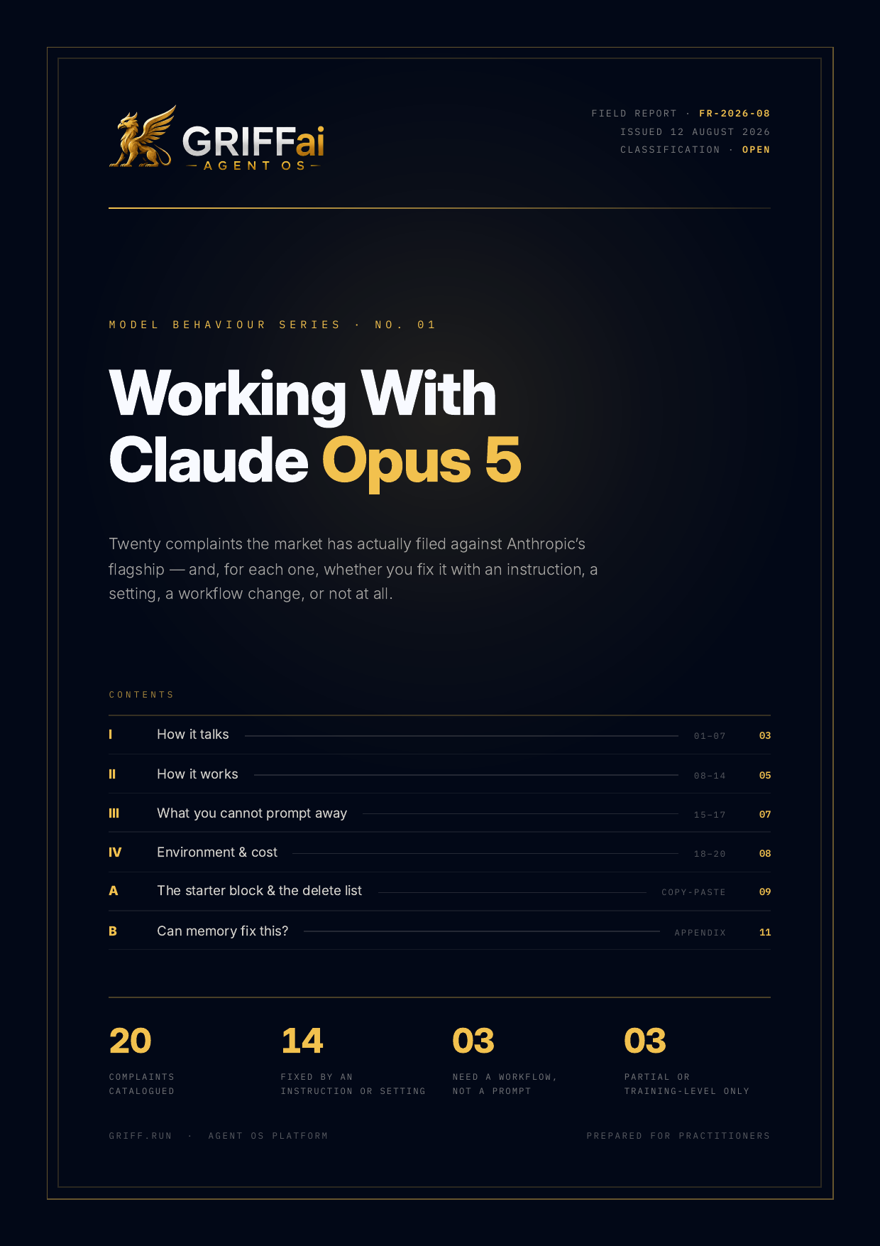 Cover page of the GRIFFai field report, Working With Claude Opus 5